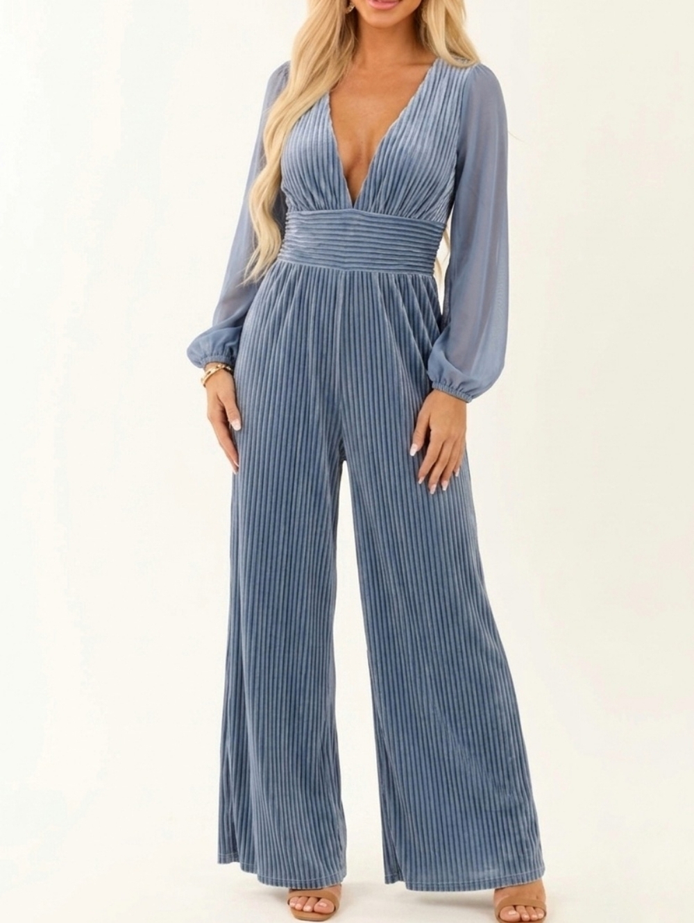 Stunning Slate Blue Pleated Wide-Leg Jumpsuit - Size Small